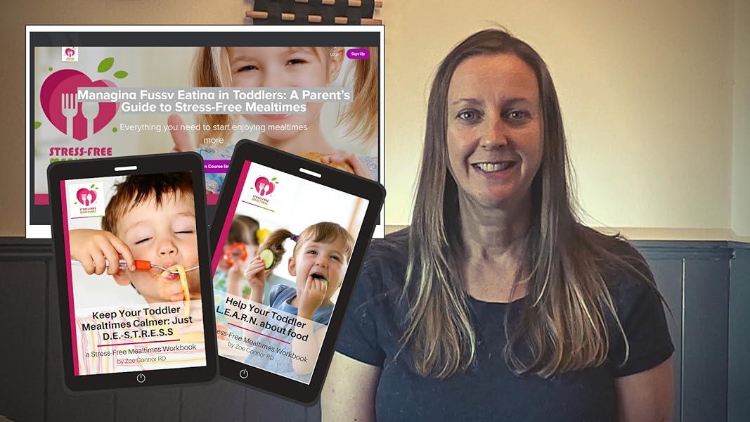 A picture of Zoe - a white woman with long brown straight hair with some of her digital products